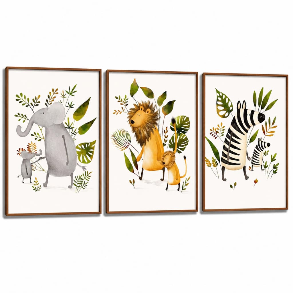 Kit 3 Quadros Decorativos Infantil | Quarto Bebê Menino | Animais Safari, Aquarela - No175