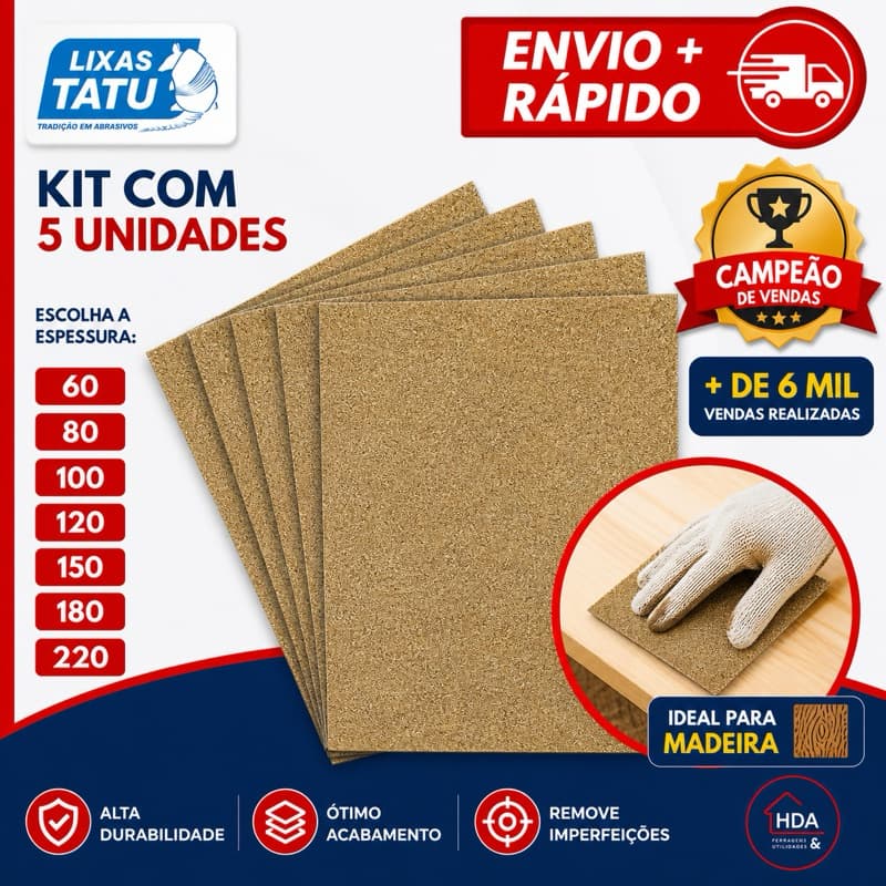 Lixa Para Madeira Kit Com 5 Peças Para Compensados MDF Grão 60 ao 220 - Lixas Tatu