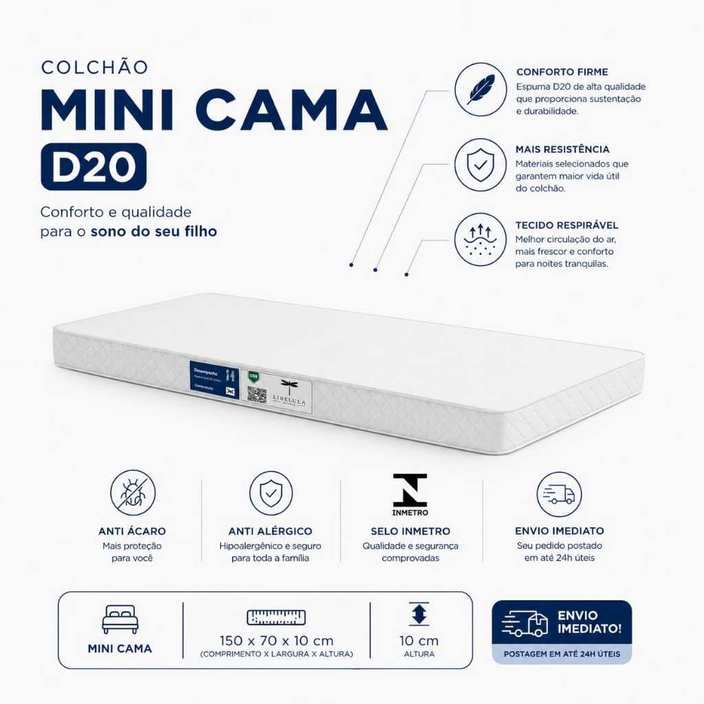 Colchão Espuma Infantil Para Mini Cama Antiácaro 150x70 Certificado Inmetro Envio Imediato