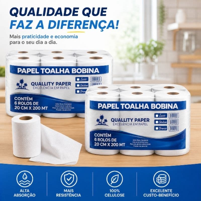 Papel Toalha Bobina 12 Rolos 20cm x 200m Alta Absorção Econômico Industrial Profissional22