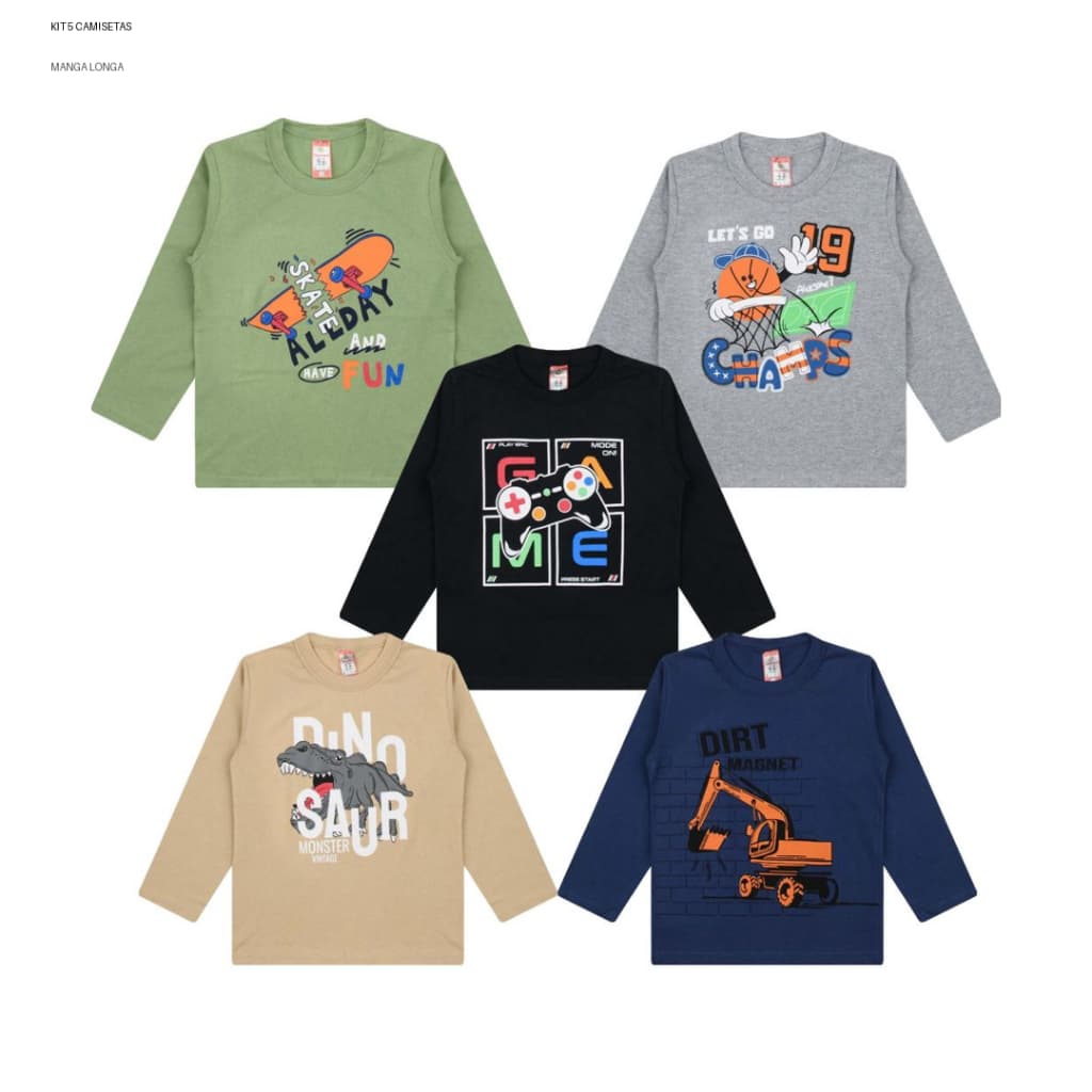 Kit 5 Camisetas Infantil Menino Manga Longa Algodão Roupa Infantil 2 ao 12