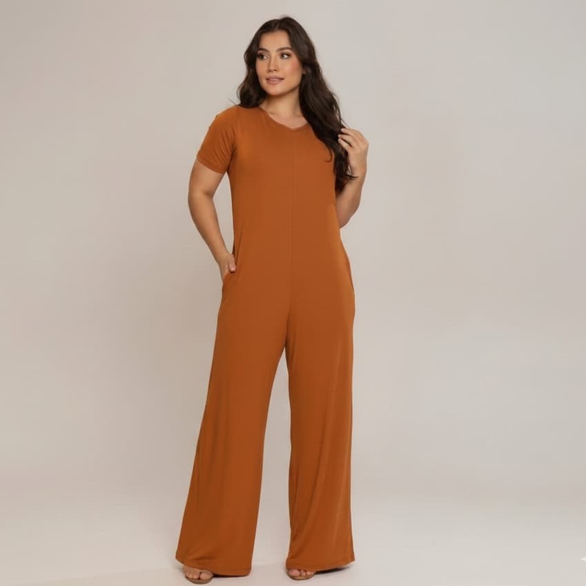 Macacão Feminino Longo Pantalona Viscolycra Manga Curta Soltinho Casual Elegante Confortável com Amarração