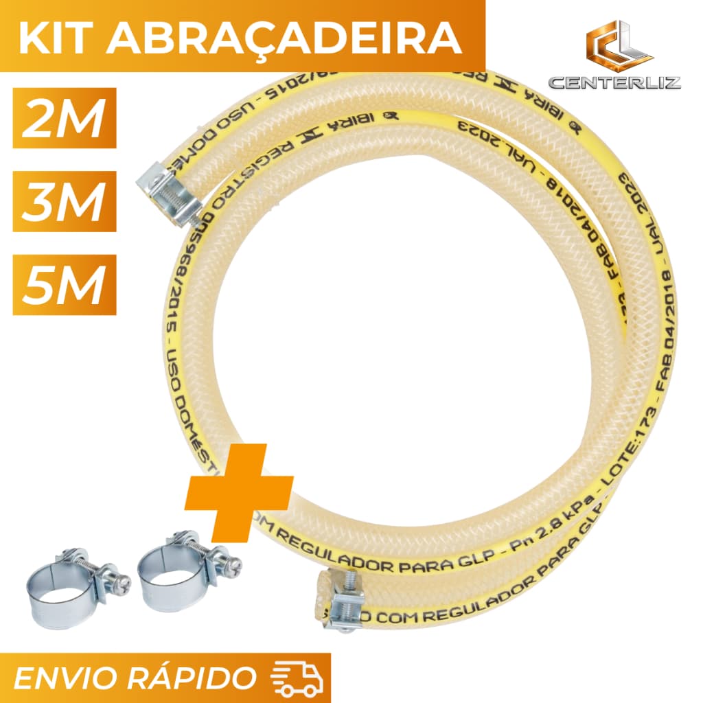 Kit Mangueira Gás 7K 2 3 ou 5 Metros Multiuso Cozinha + Braçadeiras P/ Instalação Fogão Cooktop