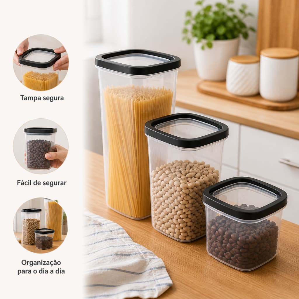 Kit 3 Potes Plastico Hermeticos Quadrados Organizador Cozinha Conservacao Alimentos