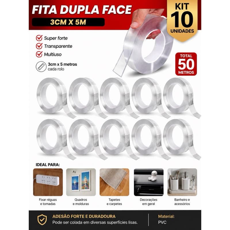 Kit 10 Rolos Fita Dupla Face Transparente 3cm x 5m Fixação Forte Multiuso 50 Metros