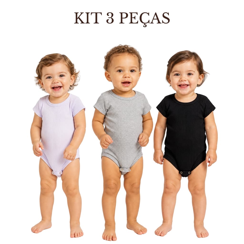 Kit 3 Peças Body Ribana Canelado Liso Bebe Conforto e Praticidade de Alta Qualidade Bory Básico