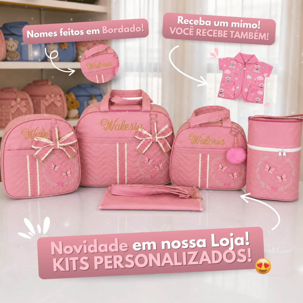 Kit para Bebê Personalizado Bolsa Maternidade com Borboletas Completo com 5 peças para Menina