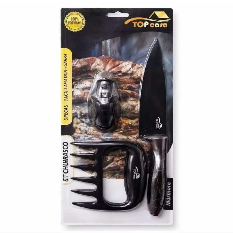 Kit Churrasco Profissional 3 Peças Faca Tubarão 8" Garra de Urso e Afiador