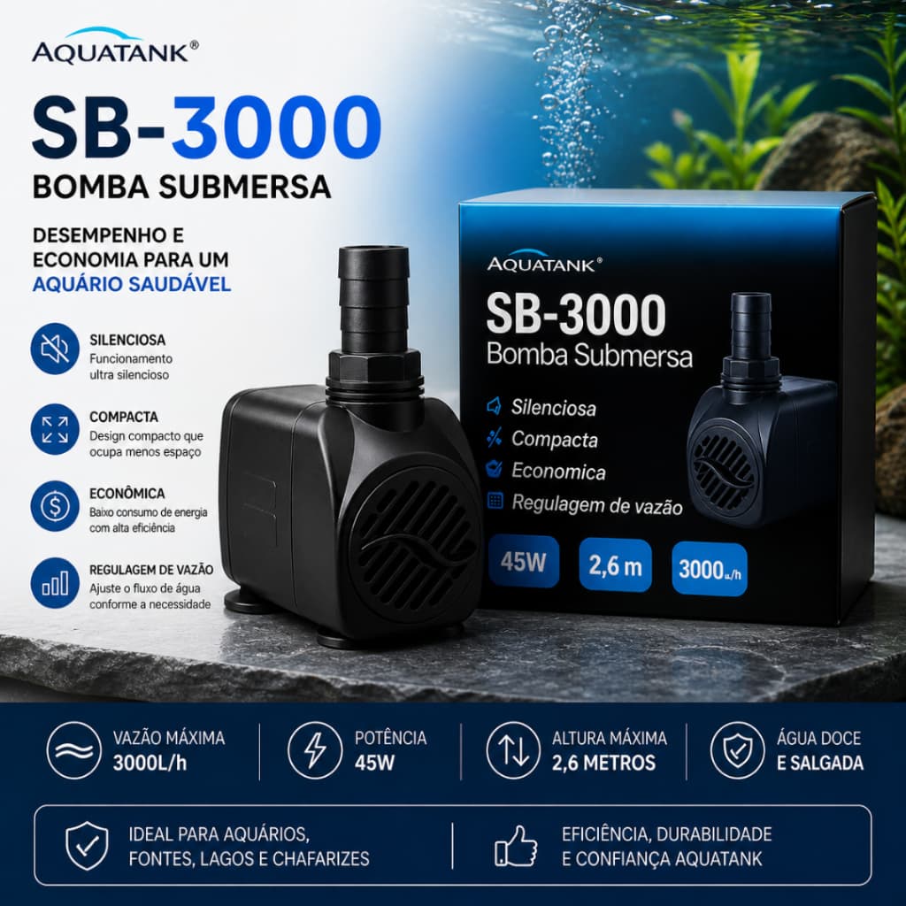 Bomba Submersa Aquatank SB-3000 Para Aquários Fontes 3000L/h