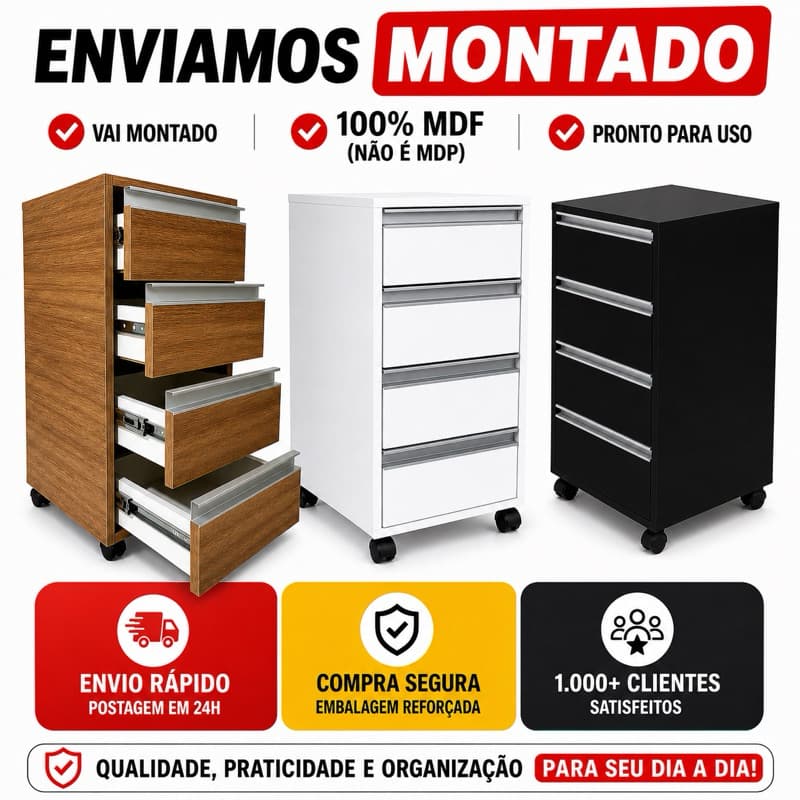 Gaveteiro com Rodinhas 4 Gavetas – Enviado Montado | Ideal para Escritório e Quarto 100% MDF