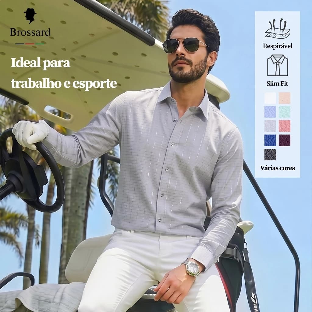 Camisa social masculina de manga comprida e corte solto, 65% poliéster e 35% algodão