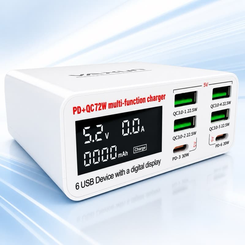 Carregador 6 Portas Yaxun YX-896 Usb Tipo-C Display Digital Medidor De Voltagem QC 3.0