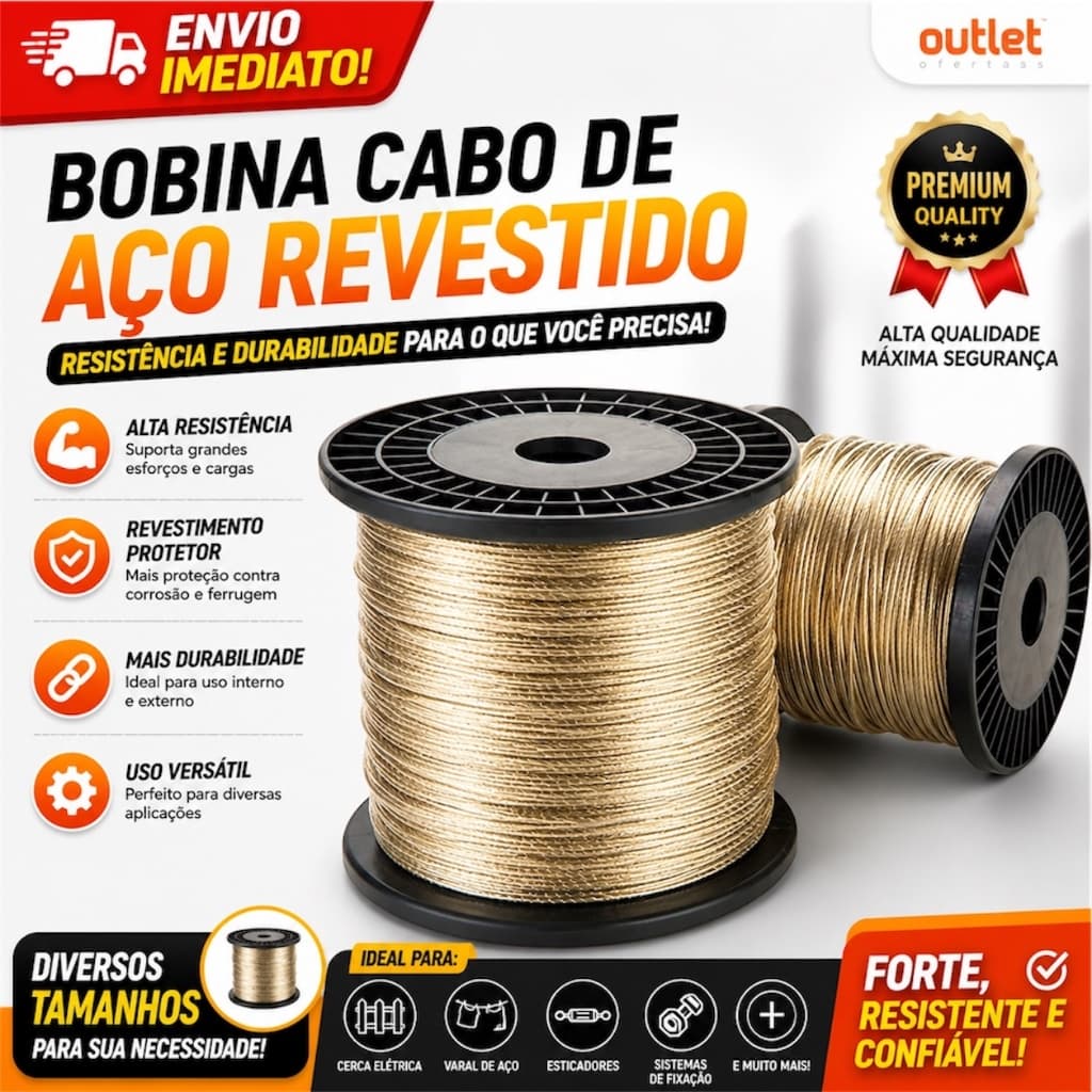 Bobina Cabo De Aço Revestido 100m Varal Reforçado Para lonas esteiras teares maritimo Multiuso