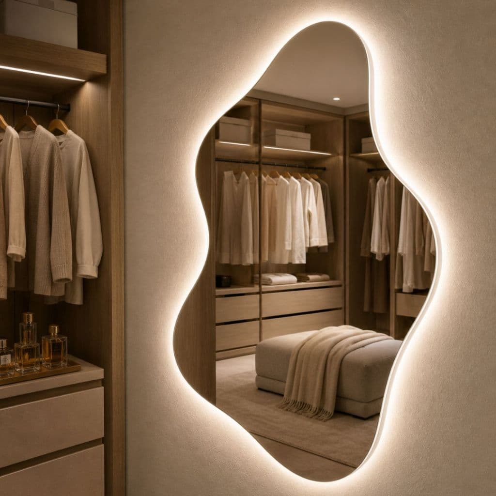 Espelho Orgânico com LED Branco Frio Quarto Sala Banheiro Suporte Bivolt Bateria 18