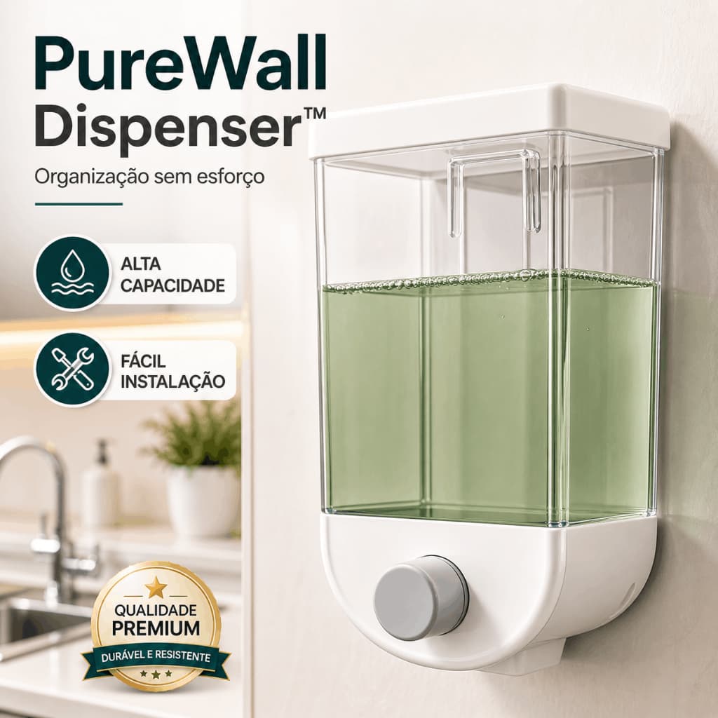 Dispenser de Parede 1,5L PureWall Organizador Cozinha Banheiro Sabonete Detergente
