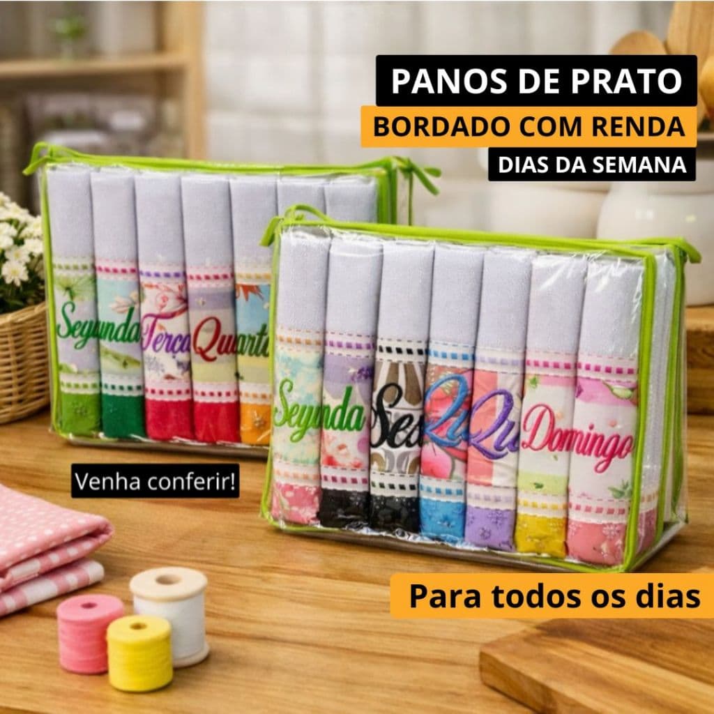 Jogo Panos De Prato Semaninha Bordado Com Aplique 44x75cm Cozinha Toque Macio e Absorvente