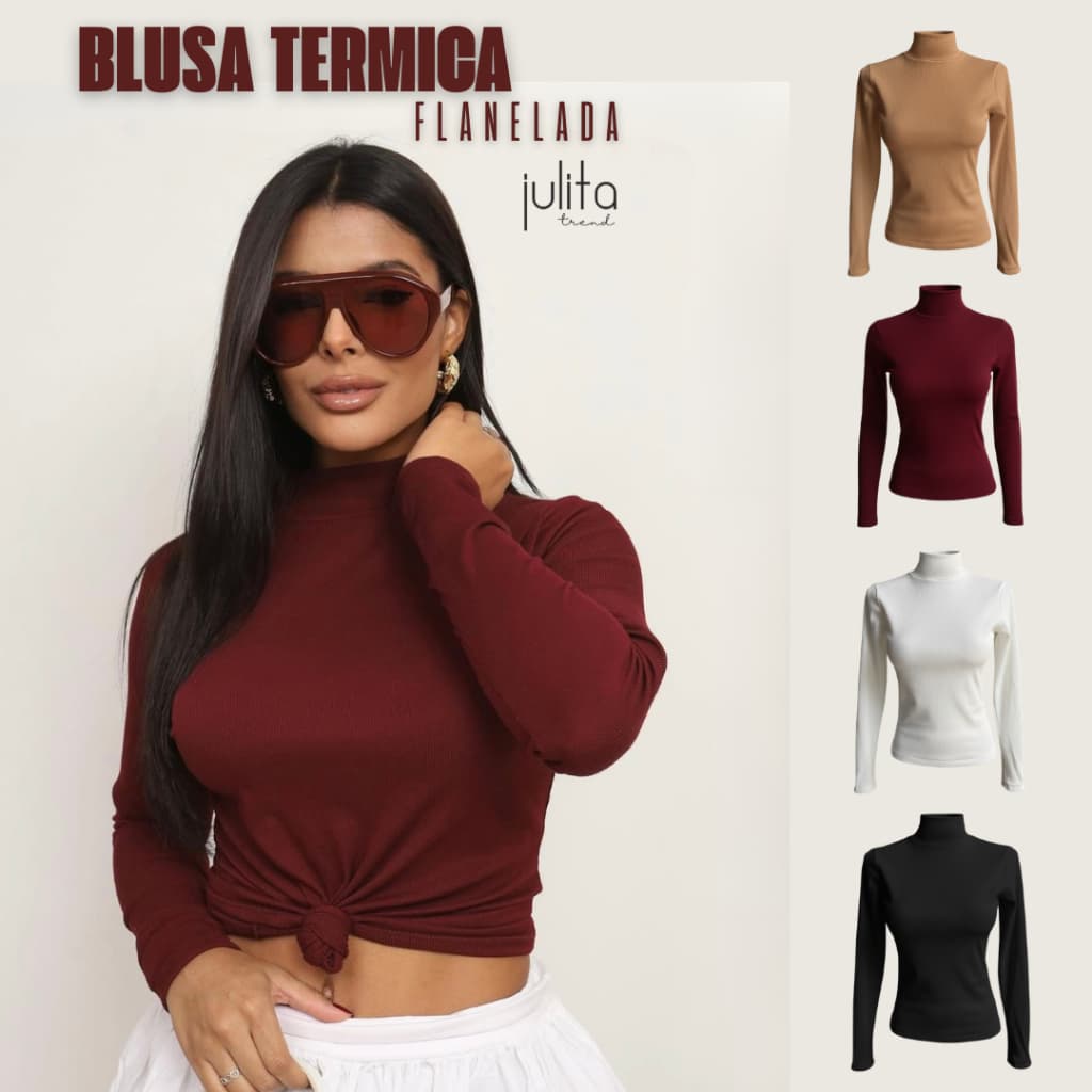 Blusa Peluciada Feminina Gola Alta Blusa Térmica Canelada Inverno Manga Longa