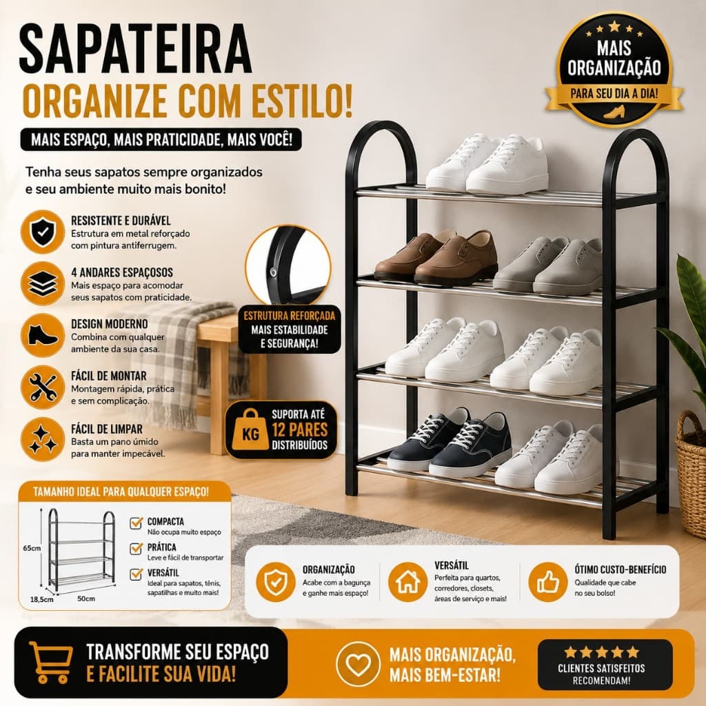 Kit Sapateira 4 Andares para 8 Pares Organizador Vertical de Calçados Compacto e Desmontável