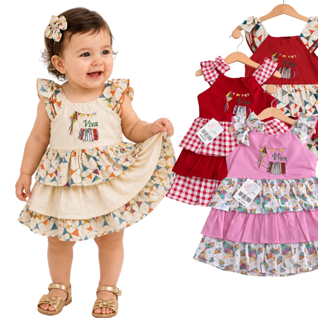 Conjunto Vestido + Laço Tema Arraia Para Bebes Vestido Quadriculado Estampado Com Laço De Cabelo Kids