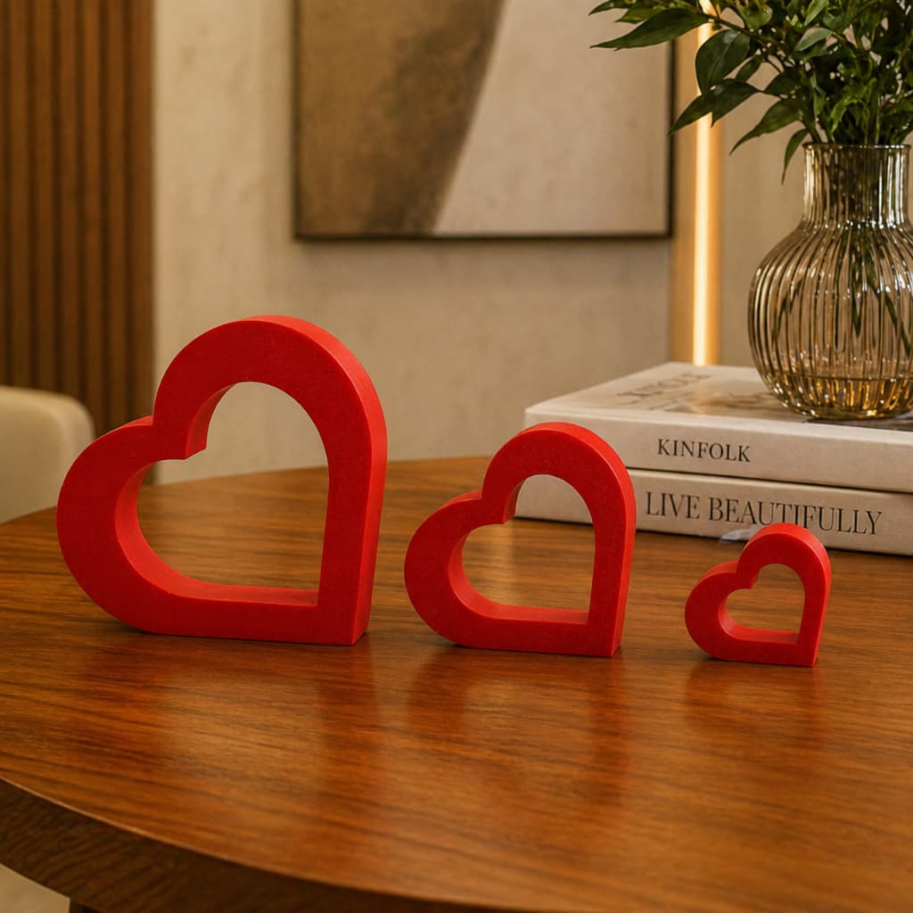 Escultura De Coração Decorativo Moderno Kit Com 3 Peças Vermelho Para Ambientes Sofisticados