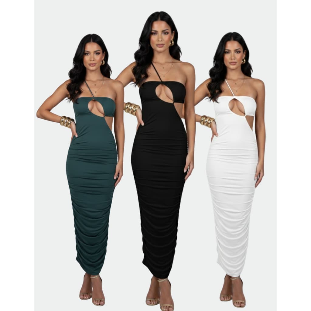 Vestido Justo Drapeado Feminino com Decote e Amarração Elegante Moda Festa Confortável