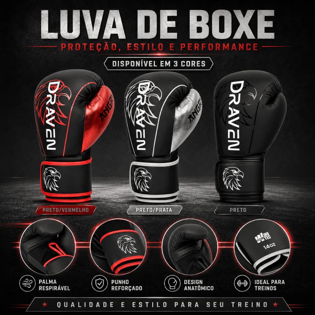 LUVA ANGRY PROFISSIONAL PARA LUTA/TREINO/SPARRING DE BOXE/MUAYTHAI/KICKBOXING- DRAVEN