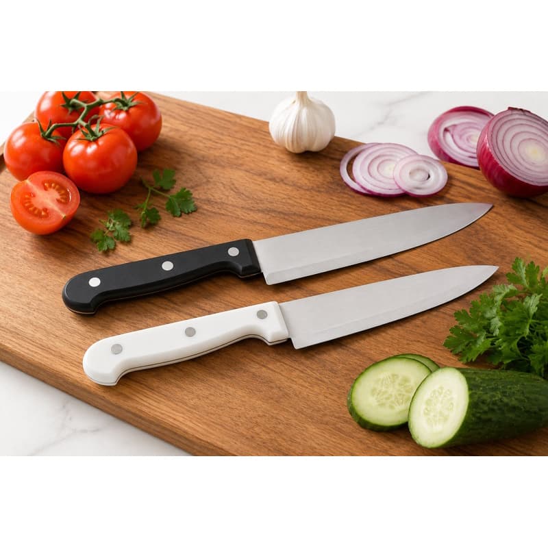 Faca Chef 8'' Ultra Afiada Premium Multiuso Lâmina Aço Inox Para Carne e Alimentos Branca e Preta