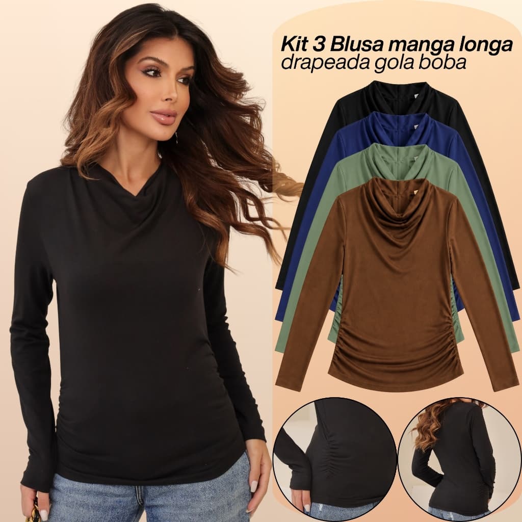 KIT 3  Blusas Manga Longa Feminina Cacharrel Gola Boba Drapeada Segunda Pele Para o Frio Inverno