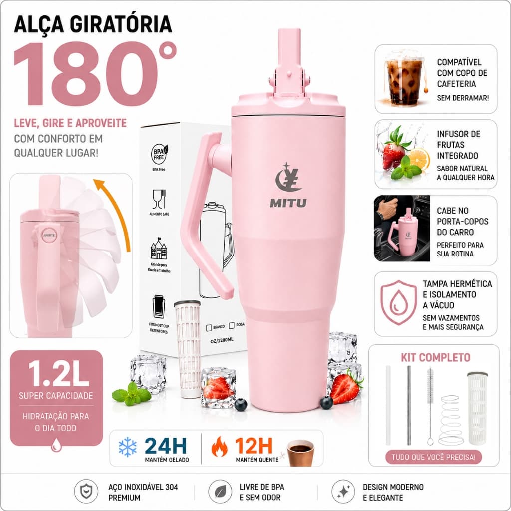 Caneca Térmica 1200ml com Alça Giratória Ergonômica - Copo Gigante Inox 304 com Canudo Retrátil