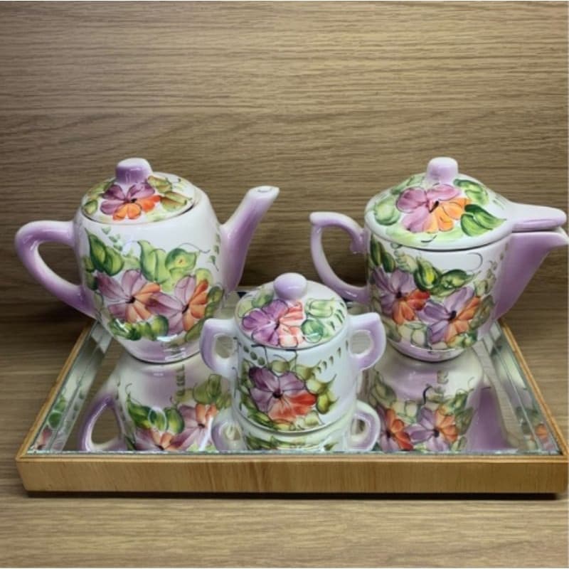 Kit Bule Leiteira Açucareiro Cerâmica Bandeja Espelhada Madeira Decorativa Mesa Posta Luxo