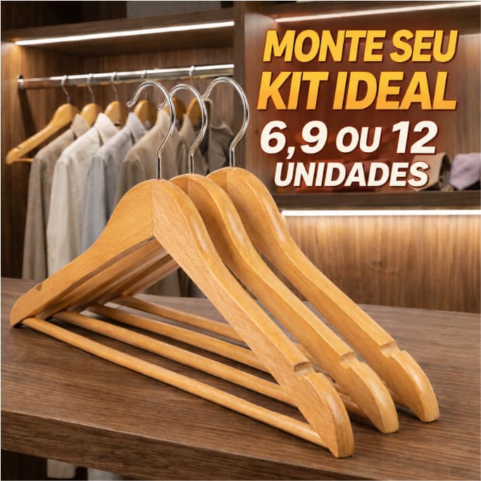 Kit Cabides de Madeira 6 9 12 Unidades Verniz Antideslizante Roupas Encaixe Alças Closet Organizador