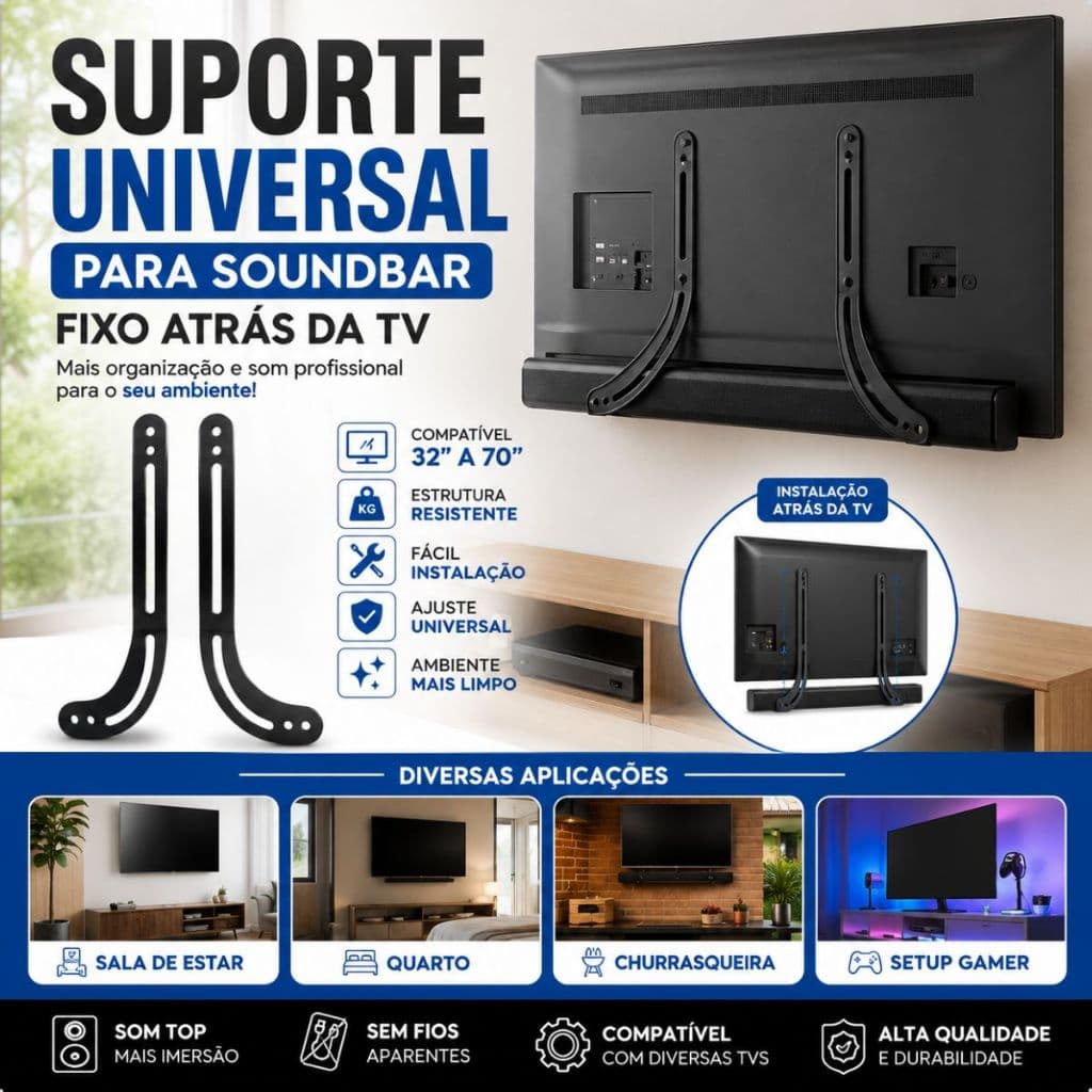 Suporte Soundbar Universal TV 32  86 Fixo Atrás Top VESA Ajustável Metal Resistente Fácil Instalação