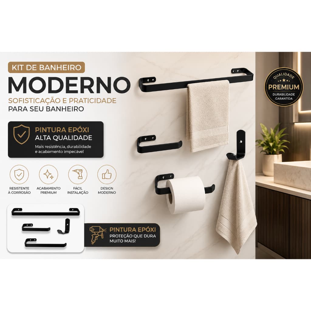 Kit Acessórios Para Banheiro 4 Peças Preto toalheiro 2