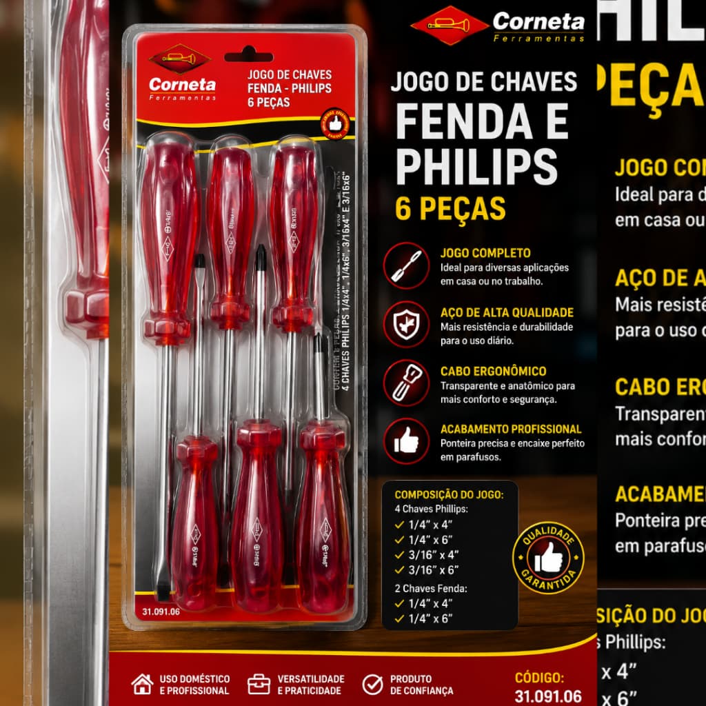 Jogo de Chaves de Fenda e Philips 6 Peças Fenda 1/4x6" e 3/16x4" Philips 1/4x4" , 1/4x6" , 3/16x4" e 3/16x6" - Corneta F