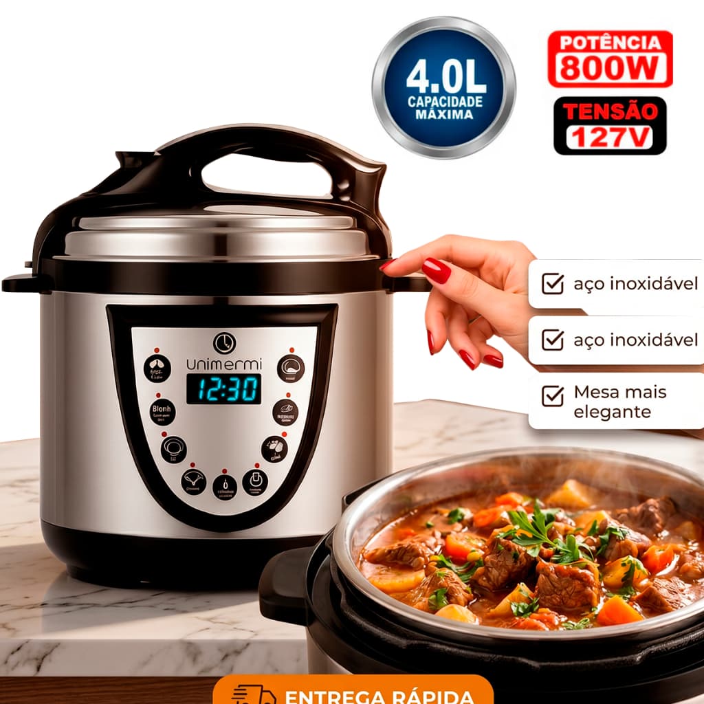 Panela Elétrica de Pressão Digital inox 4L Unitermi 800W Inox Anti-anderente Tensão 127V