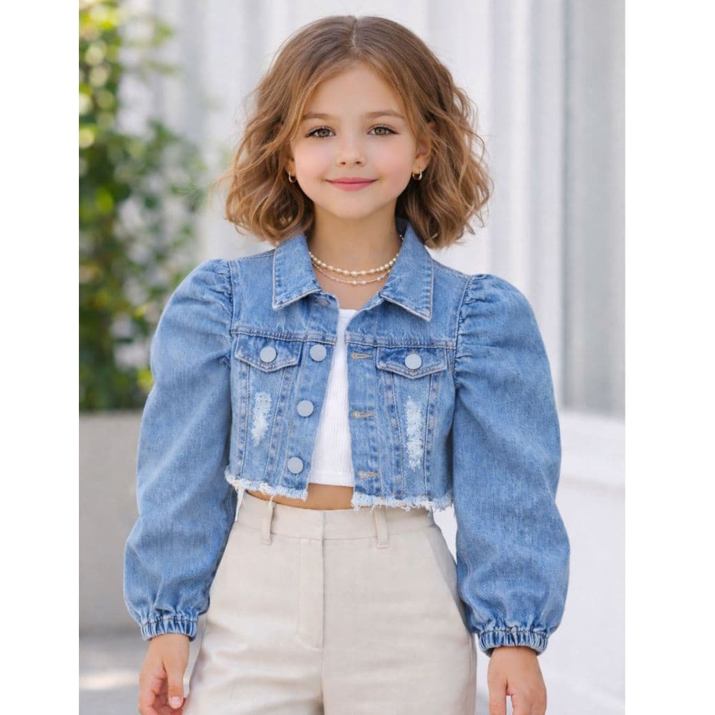 Jaqueta Jeans Feminina Infantil Manga Bufante Inverno Mini Blogueira Tendência Moda Kids Lançamento
