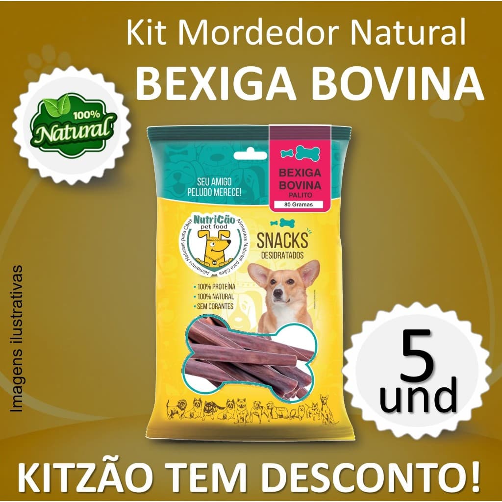 Kit Mordedor Petisco Natural Cães Bexiga Bovina Desidratado NutriCão Pet Food Osso Cachorro Interat