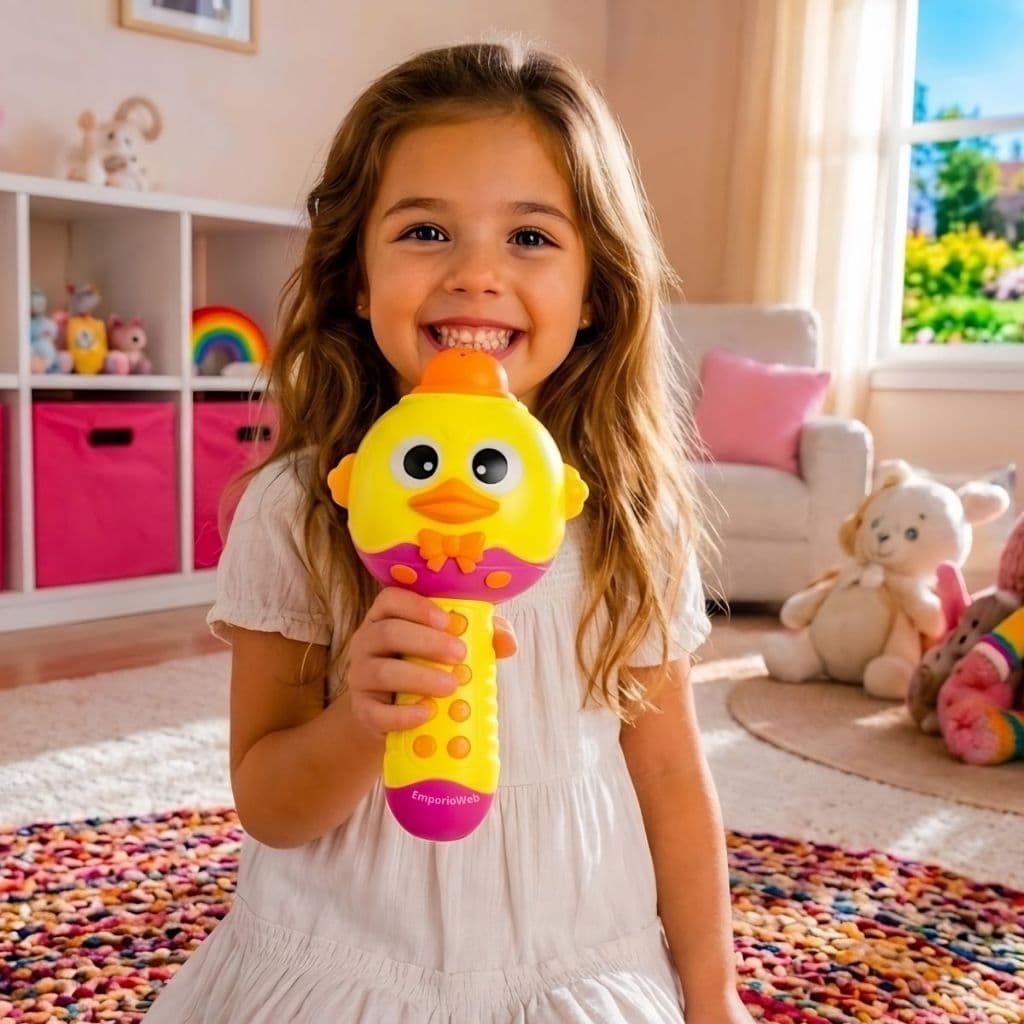 Microfone Infantil Karaokê Bluetooth Conta Histórias com Luzes e Musica Pato Led Sem Fio