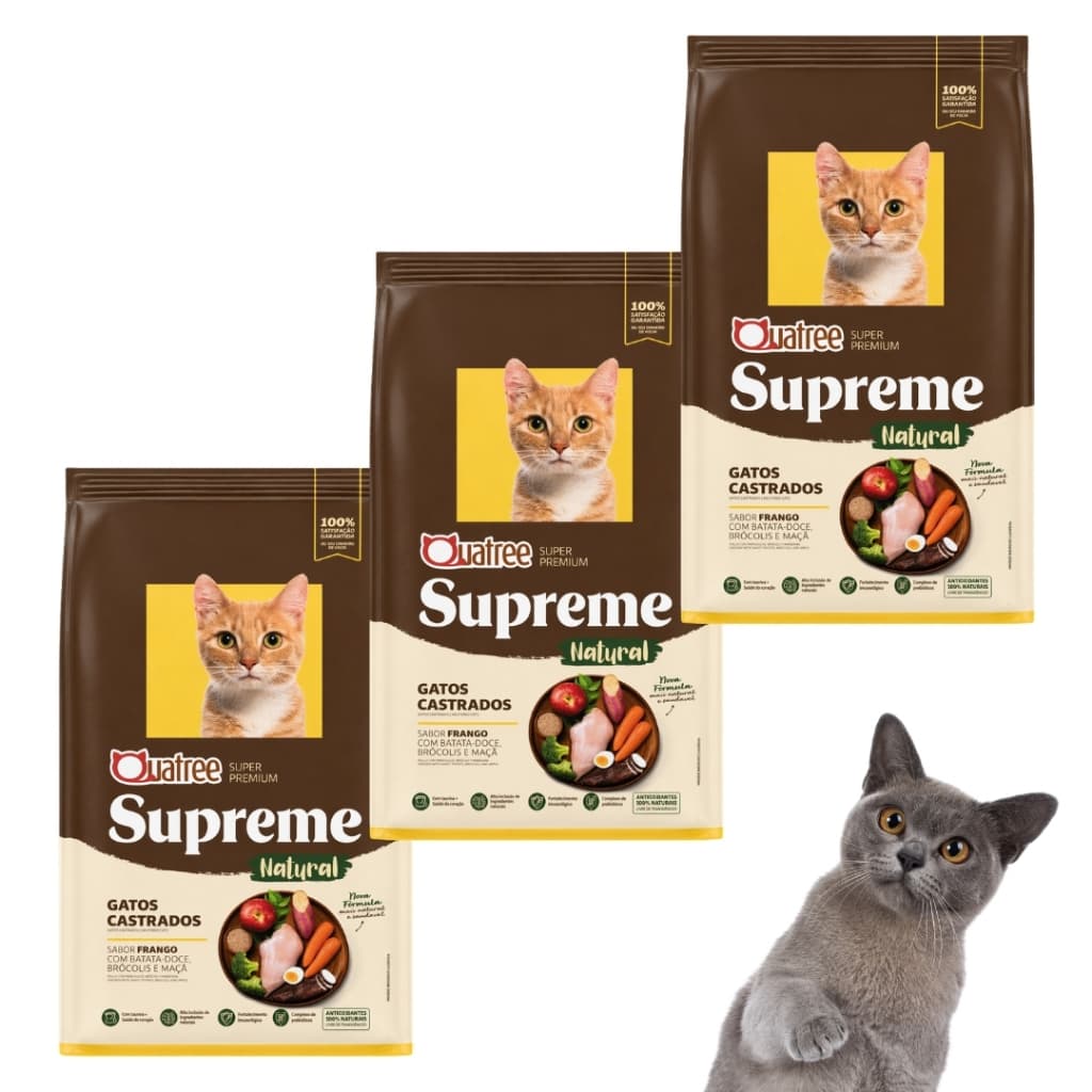 Kit Com 3 Ração Quatree Supreme Para Gatos Adulto Castrado Sabor Frango e Batata Doce 1kg