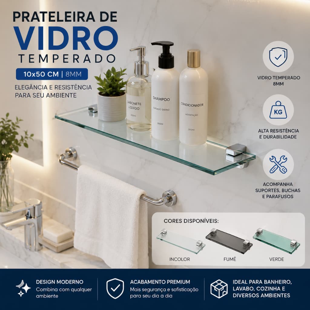 Prateleira Vidro Temperado 8mm 50x10cm Suporte Banheiro Lavabo Cozinha