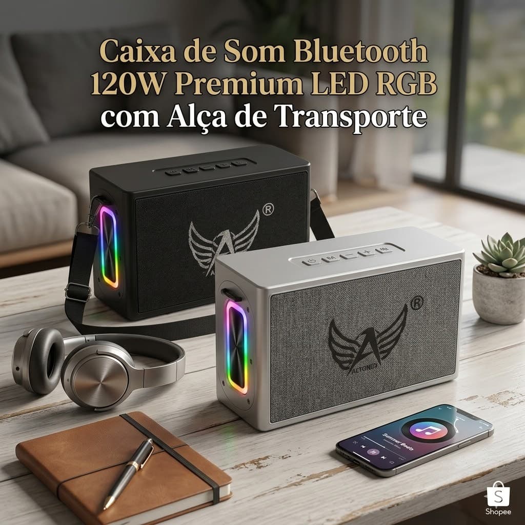 Caixa de Som Bluetooth 120W Premium LED RGB com Alça de Transporte Altomex AL-8303