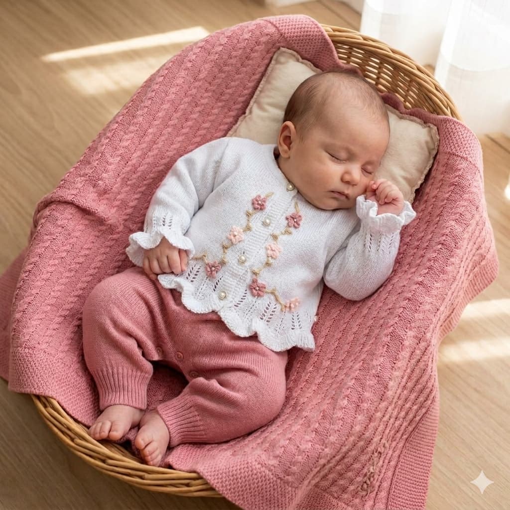 Saída de Maternidade de Tricô Luxo Bordado Bebê Menina
