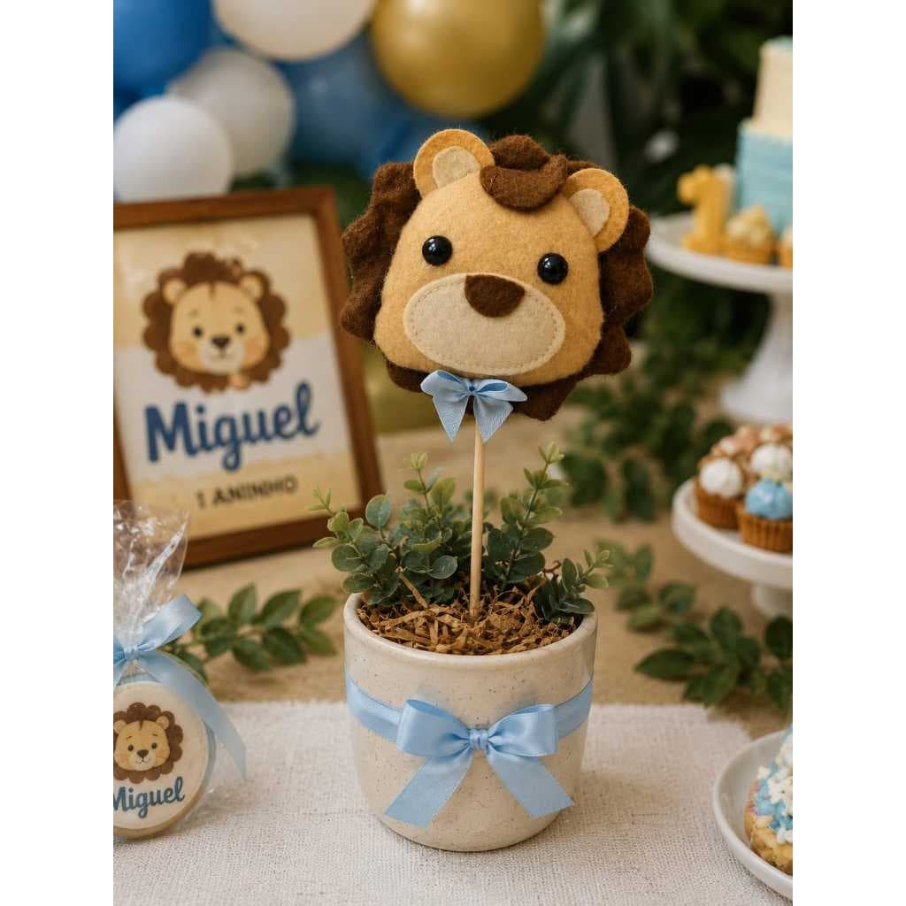 Aplique Leãozinho Safari em Feltro para Vaso Decorado | Centro de Mesa Festa Infantil Personalizado , Aniversário