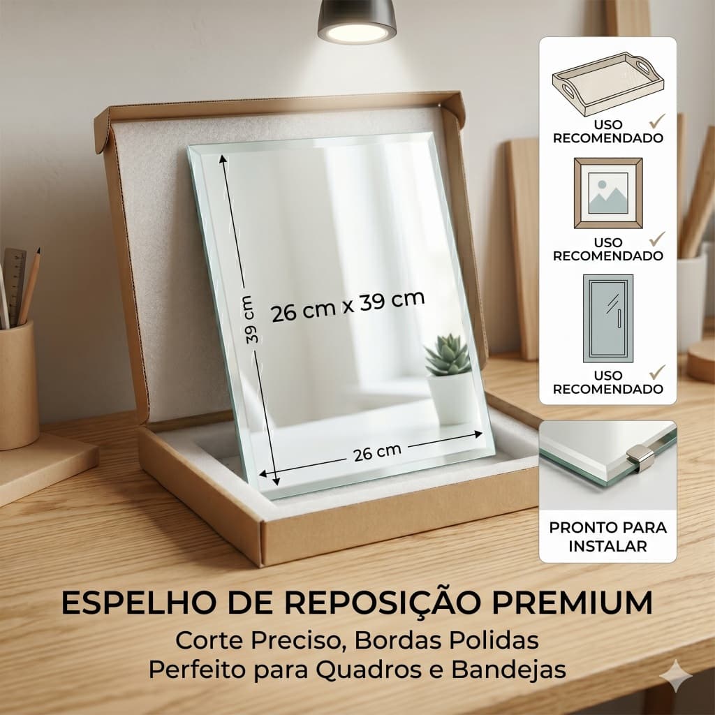 Espelho de Reposição 26x39cm para Bandeja – Vidro 3mm Sem Moldura