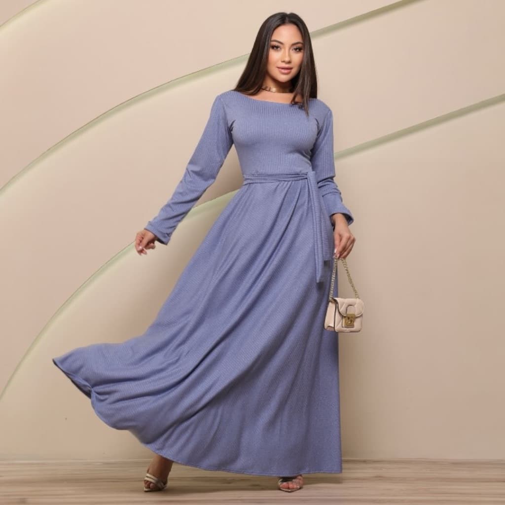 Vestido Longo Godê Canelado Manga Longa Feminino Elegante Inverno