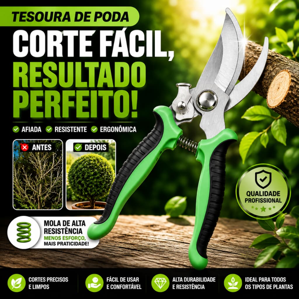 Tesoura de Poda Profissional Aço Inox Com Mola e Trava Para Jardim