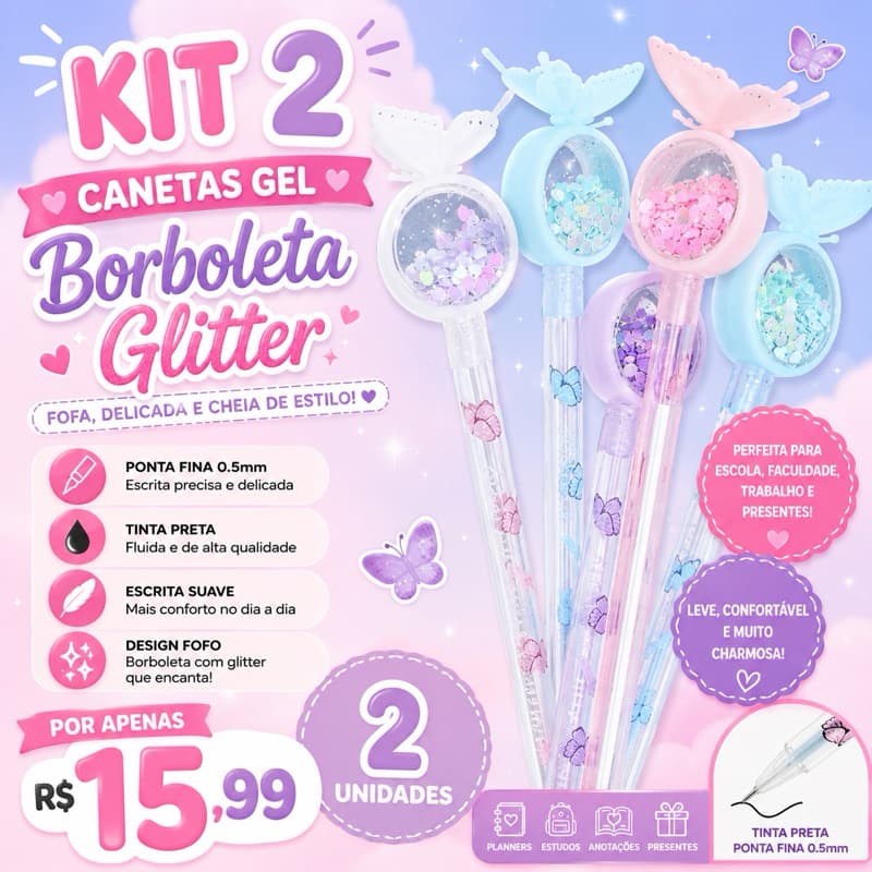 Kit 2 Canetas Borboleta Glitter Preta 0.5mm – Ponta Fina