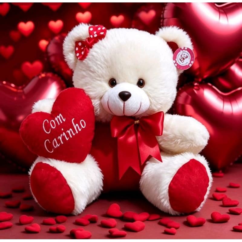Urso de pelúcia de 30 cm. Na cor palha com vermelho e coração de frase. Com cartão de presente