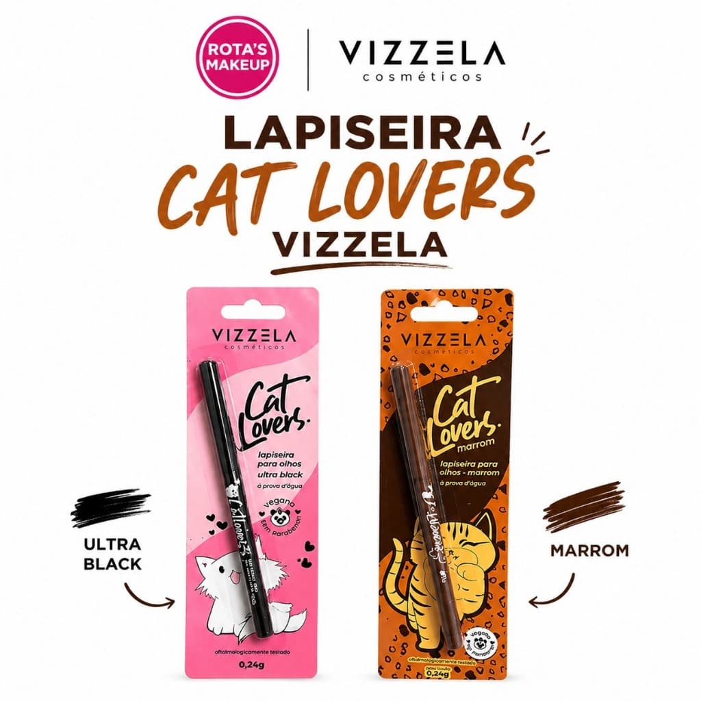 Lapiseira Para Olhos Retrátil Cat Lovers Vizzela | Marrom | Preto -Ultra Black -À Prova D'água 0,24g