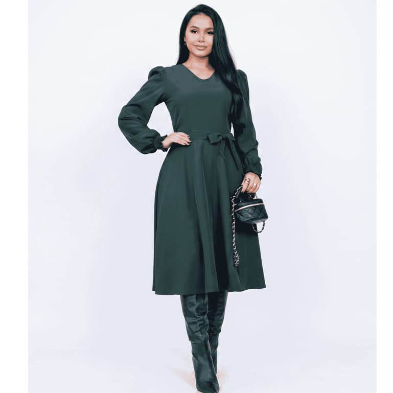 Vestido Midi Manga Longa Feminino Elegante e Modesto Cores Lisas Outono e Inverno Confortável Casual